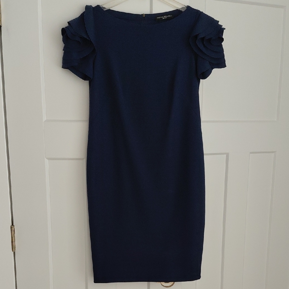 Pietro Brunelli Navy Blue Layered Ruffle Sleeve Midi Dress